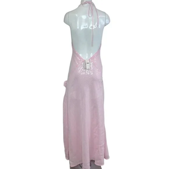 Bardot Aradia Sequin Halter Slip Dress, Pink, V-Neck, Event, Side Slit,  Size 4 - Picture 3 of 12